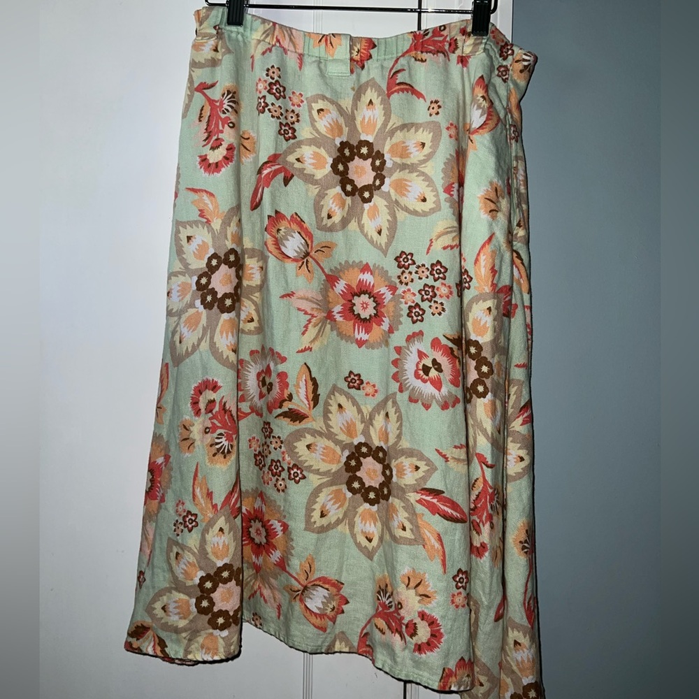 J. Jill A-Line Skirt - Mint and Coral Floral, 100% linen.